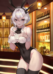 Rule 34 | 1girl, absurdres, alternate costume, animal ears, arknights, armpit crease, bad id, bad pixiv id, bar (place), bare shoulders, black leotard, black thighhighs, bottle, bow, bowtie, breasts, ceiling light, commentary request, covered navel, cowboy shot, dragon girl, dragon horns, fake animal ears, fake tail, groin, hairband, hands on own chest, hands up, highres, horns, leotard, looking at viewer, medium breasts, merchant91, open mouth, playboy bunny, rabbit ears, rabbit tail, short hair, silver hair, solo, standing, tail, talulah (arknights), thighhighs, thighs, waitress, wine bottle, wrist cuffs