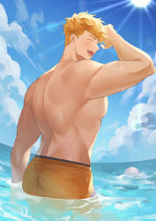 Rule 34 | 1boy, ass, bara, blonde hair, closed eyes, day, from behind, granblue fantasy, higashigunkan, large pectorals, male focus, male swimwear, muscular, muscular male, official alternate costume, open mouth, orange male swimwear, orange swim trunks, outdoors, partially submerged, pectorals, short hair, smile, solo, sunlight, swim trunks, swimsuit, topless male, undercut, vane (granblue fantasy), vane (summer) (granblue fantasy), water