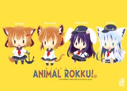 Rule 34 | 4girls, :d, akatsuki (kancolle), anchor, anchor symbol, animal ears, black legwear, blue eyes, brown eyes, brown hair, chibi, commentary request, dog ears, dog girl, dog tail, flat cap, folded ponytail, fox ears, fox tail, full body, furry, hair ornament, hairclip, hat, hibiki (kancolle), highres, holding, holding anchor, ikazuchi (kancolle), inazuma (kancolle), kantai collection, kemonomimi mode, long hair, mouse ears, mouse tail, multiple girls, nagomi tozakura, neckerchief, open mouth, purple eyes, purple hair, rabbit ears, rabbit girl, rabbit tail, red neckerchief, school uniform, serafuku, short hair, silver hair, simple background, smile, tail, thighhighs, yellow background, | |