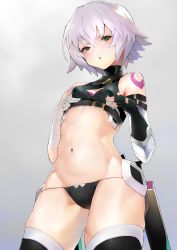 Rule 34 | 1girl, arm belt, bandaged arm, bandages, black panties, dagger, facial scar, fate/apocrypha, fate/grand order, fate (series), gloves, green eyes, headpiece, highres, jack the ripper (fate/apocrypha), knife, lowleg, lowleg panties, panties, scar, scar across eye, scar on cheek, scar on face, shoulder tattoo, silver hair, single glove, solo, stomach, taishi (picchiridou), tattoo, underwear, weapon
