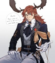 Rule 34 | absurdres, antlers, arknights, ascot, bow, bowtie, czerny (arknights), formal, highres, horns, long hair, male focus, mobrinono, monocle, outstretched hand, red hair, sitting, suit, talking