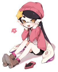Rule 34 | 1girl, :d, beanie, black hair, black shorts, blush, boots, brown footwear, callie (splatoon), cellphone, commentary request, cross-shaped pupils, earrings, fangs, gradient hair, hair ornament, hands on own face, hands up, hat, highres, ika esu, inkling, jacket, jewelry, knees up, long hair, long sleeves, looking at viewer, mole, mole under eye, multicolored hair, nintendo, open clothes, open jacket, open mouth, parted bangs, phone, pink hair, pink hat, pink jacket, pink socks, pointy ears, purple hair, shadow, shirt, short eyebrows, short shorts, shorts, simple background, single earring, sitting, smartphone, smile, socks, solo, splatoon (series), splatoon 1, star (symbol), star hair ornament, suction cups, swept bangs, symbol-shaped pupils, teeth, tentacle hair, thick eyebrows, v-shaped eyebrows, very long hair, white background, white shirt, yellow eyes