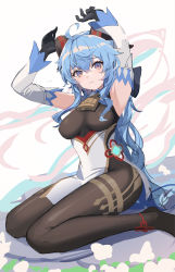 Rule 34 | 1girl, absurdres, ahoge, armpits, arms up, bell, black gloves, blue eyes, blue hair, blush, bodystocking, bodysuit, breasts, chinese clothes, closed mouth, cowbell, curled horns, detached sleeves, duplicate, eruthika, ganyu (genshin impact), genshin impact, gloves, goat horns, gradient eyes, highres, horns, long hair, looking at viewer, medium breasts, multicolored eyes, neck bell, no shoes, pantyhose, pelvic curtain, pixel-perfect duplicate, purple eyes, sitting, solo, thighs, very long hair, wariza, yellow eyes