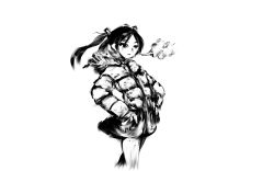 Rule 34 | 1girl, alchemybro, breath, coat, francesca lucchini, greyscale, hands in pockets, long hair, monochrome, solo, strike witches, twintails, winter clothes, winter coat, world witches series