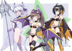Rule 34 | 3girls, adapted costume, alternate hairstyle, black hair, blonde hair, blue eyes, brown eyes, brown hair, chaya mago, choker, commentary request, cosplay, detached sleeves, duel monster, full body, fuuma shuriken, geta, gloves, gradient hair, green eyes, halberd, high heels, holding, holding polearm, holding shuriken, holding weapon, horns, i:p masquerena, lovely labrynth of the silver castle, monster girl, multicolored hair, multiple girls, one eye closed, pointy ears, polearm, revealing clothes, s-force rappa chiyomaru, shoes, shuriken, sneakers, spear, tengu-geta, thighhighs, tongue, tongue out, weapon, white gloves, white hair, winged arms, wings, yu-gi-oh!