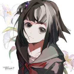 Rule 34 | 1girl, a34403178, amemori sayo, arms at sides, black eyes, black hair, black sailor collar, black shirt, closed mouth, collarbone, flower, from above, hair ornament, happy birthday, highres, looking at viewer, neckerchief, nijisanji, one side up, red neckerchief, sailor collar, shirt, short hair, sidelocks, simple background, smile, solo, virtual youtuber, white background, white flower