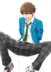 Rule 34 | 10s, 1boy, brown hair, classroom, ensemble stars!, grin, looking at viewer, male focus, morisawa chiaki, naughty face, restrained, school, school uniform, sexually suggestive, shima kyousuke, smile, solo, sweat, teeth, tongue