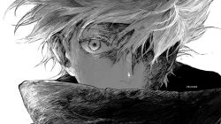 Rule 34 | 1boy, covered mouth, gojou satoru, greyscale, highres, imlusou, jujutsu kaisen, looking at viewer, male focus, monochrome, one eye covered, signature, solo, white background, white hair