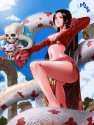Rule 34 | 1girl, amazon warrior, arm behind head, arm up, black hair, blue eyes, boa hancock, cleavage cutout, clothing cutout, cloud, day, earrings, highres, horns, jewelry, leg up, legs, lipstick, long hair, makeup, midriff, mspk, navel, one piece, outdoors, revealing clothes, salome (one piece), signature, skull, sky, snake, snake earrings