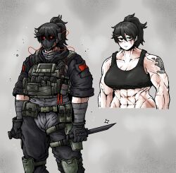 Rule 34 | 1girl, abs, ammunition pouch, black hair, dual wielding, gloves, glowing, glowing eyes, highres, holding, knife, looking at viewer, mask, muscular, muscular female, octosoup, original, bulletproof vest, pouch, red eyes, scar, scar across eye, shoulder tattoo, simple background, sleeves rolled up, solo, sparkle, tactical clothes, tank top, tattoo