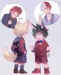 Rule 34 | 4boys, aged down, animal ear fluff, animal ears, bakugou katsuki, black bow, black legwear, black shirt, black shorts, blonde hair, blue bow, blue bowtie, blue eyes, blush, boku no hero academia, bow, bowtie, burn scar, child, chromatic aberration, clenched hands, clenched teeth, closed eyes, clutching chest, commentary, crispyfrites, english commentary, english text, floral print, formal, freckles, from behind, green hair, grey background, grey eyes, grey suit, hand on own chest, hand to own mouth, hands in pockets, heart, heterochromia, highres, kirishima eijirou, layered sleeves, looking at another, male focus, midoriya izuku, multicolored hair, multiple boys, necktie, open mouth, rabbit boy, rabbit ears, rabbit tail, red footwear, red hair, red necktie, red shorts, red suit, scar, scar on face, shirt, short hair, shorts, speech bubble, spiked hair, split-color hair, spoken character, suit, sweat, tail, tail wagging, teeth, todoroki shouto, tongue, tongue out, trembling, white hair, wolf boy, wolf ears, wolf tail