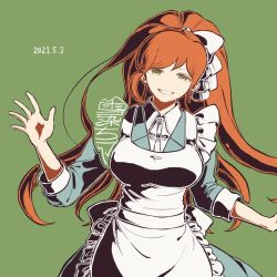 Rule 34 | 1girl, apron, breasts, brown eyes, brown hair, collared shirt, commentary request, danganronpa (series), danganronpa 3 (anime), dated, green background, green eyes, hand up, high ponytail, kiri (2htkz), large breasts, long hair, looking at viewer, maid, maid apron, ponytail, ribbon, shirt, simple background, smile, solo, teeth, white apron, yukizome chisa