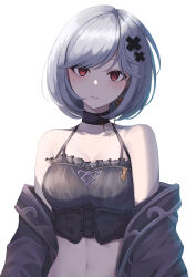 Rule 34 | 1girl, absurdres, alter ego malevolent (granblue fantasy), bare shoulders, black camisole, black choker, black jacket, blush, breasts, camisole, chain, choker, cleavage, collarbone, commentary, crop top, djeeta (granblue fantasy), earrings, gold chain, granblue fantasy, grey hair, hair ornament, highres, jacket, jewelry, looking at viewer, medium breasts, navel, niccoriii, off shoulder, parted lips, red eyes, short hair, simple background, solo, stomach, white background, x hair ornament