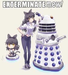 Rule 34 | 1girl, alternate costume, animal ears, black hair, blake belladonna, blouse, bow, cat ears, cat tail, chibi, crossover, dalek, doctor who, dual persona, english text, full body, grey background, hair bow, highres, iesupa, kemonomimi mode, long hair, midriff, multiple views, navel, pantyhose, ribbon, robotic vacuum cleaner, rwby, shirt, shoes, simple background, sitting, sneakers, standing, tail, white shirt, yellow eyes