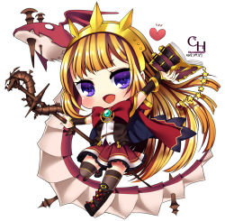 Rule 34 | 1girl, black footwear, black shirt, blonde hair, blush, book, boots, bow, bowtie, breasts, cagliostro (granblue fantasy), cape, chibi, commentary request, dragon, full body, gold, gold hairband, granblue fantasy, hairband, heart, holding, holding book, holding staff, long hair, looking at viewer, miya (chocolate holic), open mouth, purple eyes, red bow, red bowtie, red skirt, shirt, simple background, skirt, small breasts, smile, solo, staff, sunshine creation, thighhighs, vambraces, white background