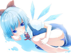 Rule 34 | 1girl, bad id, bad pixiv id, barefoot, blue eyes, blue hair, bow, cirno, fetal position, hair bow, hase neet, lying, matching hair/eyes, panties, ribbon, short hair, solo, striped clothes, striped panties, touhou, underwear, wings