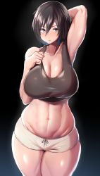Rule 34 | 1girl, abs, arm up, armpits, bare shoulders, black background, black hair, blue eyes, blush, breasts, cleavage, collarbone, curvy, highres, hip focus, jitome, large breasts, looking at viewer, midriff, mikasa ackerman, muscular, muscular female, navel, plump, shingeki no kyojin, short hair, short shorts, shorts, skindentation, solo, thick thighs, thighs, toned, tsukunendo, white shorts, wide hips
