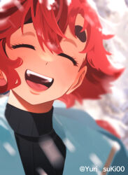 Rule 34 | 1girl, absurdres, black sweater, blue jacket, blurry, blurry background, closed eyes, commentary request, gundam, gundam suisei no majo, highres, jacket, korean commentary, open mouth, red hair, ribbed sweater, smile, solo, suletta mercury, sweater, thick eyebrows, twitter username, upper body, yurisuki00