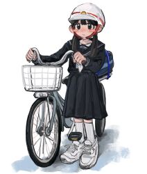 Rule 34 | 1girl, bag, bicycle, black hair, helmet, highres, original, school bag, school uniform, serafuku, short twintails, twintails