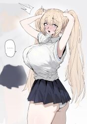 ... 1girl :d absurdres armpits arms_up black_survival blonde_hair blush breasts eternal_return:_black_survival highres large_breasts looking_at_viewer open_mouth panties pink_eyes pleated_skirt seoyong skirt smile solo spoken_ellipsis sweat teeth twintails underwear white_panties