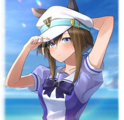 Rule 34 | 1girl, adjusting clothes, adjusting headwear, animal ears, arms up, blue eyes, blurry, blurry background, bow, bowtie, breasts, brown hair, character request, cheval grand (umamusume), closed mouth, cloud, hat belt, horizon, horse ears, kuro imu, lens flare, long hair, medium breasts, puffy short sleeves, puffy sleeves, purple bow, purple bowtie, purple shirt, sailor collar, shirt, short sleeves, solo, umamusume, upper body
