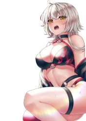 Rule 34 | 1girl, absurdres, bikini, black bikini, breasts, cleavage, fate/grand order, fate (series), grey hair, highres, jeanne d&#039;arc alter (swimsuit berserker) (fate), jeanne d&#039;arc alter (fate), jeanne d&#039;arc alter (swimsuit berserker) (fate), large breasts, legs, long hair, looking at viewer, navel, open mouth, sitting, sweat, swimsuit, thighs, yellow eyes