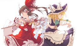 Rule 34 | &gt;:), 2girls, apron, armpits, ascot, back-to-back, bad id, bad pixiv id, between fingers, blonde hair, blouse, bow, braid, brown hair, detached sleeves, dress, fighting stance, gohei, hair bow, hair tubes, hakurei reimu, hat, hat bow, highres, holding, ina (inadahime), kirisame marisa, long sleeves, mini-hakkero, multiple girls, red dress, red eyes, red shirt, shirt, single braid, sleeveless, sleeveless shirt, spell card, touhou, v-shaped eyebrows, waist apron, wide sleeves, witch hat, yellow eyes
