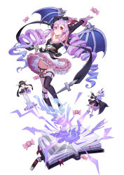 Rule 34 | 3girls, absurdres, anklet, arms up, asymmetrical legwear, bad id, bad pixiv id, black cape, black capelet, black skirt, black socks, blue hair, book, breasts, brown hair, candy, cape, capelet, cleavage, closed eyes, crown, dress, drill hair, fairy, fang, food, frilled skirt, frills, hair between eyes, hair ornament, head wings, highres, horns, jewelry, kneehighs, long hair, looking at viewer, mo xiaoxue, multiple girls, open book, orb, pink eyes, purple hair, sidelocks, simple background, skirt, small breasts, socks, twin drills, twintails, uneven legwear, very long hair, white dress, white skirt, wings, wrapped candy, wrist cuffs