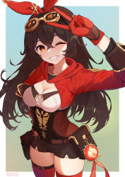 Rule 34 | 1girl, absurdres, amber (genshin impact), arm up, blurry, blurry background, border, bow hairband, breasts, brown eyes, brown hair, brown shorts, cleavage, cowboy shot, cropped jacket, crossed bangs, eyewear on head, genshin impact, gloves, goggles, goggles on head, grin, hairband, highres, jacket, long hair, looking at viewer, lows., medium breasts, one eye closed, red gloves, red hairband, red jacket, red thighhighs, short shorts, shorts, sidelocks, smile, solo, thighhighs, thighs, v, vision (genshin impact), white border, zettai ryouiki