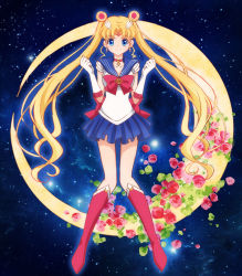 Rule 34 | 10s, 1girl, bishoujo senshi sailor moon, bishoujo senshi sailor moon (first season), bishoujo senshi sailor moon crystal, blonde hair, blue background, blue eyes, blue sailor collar, blue skirt, boots, bow, brooch, choker, crescent moon, double bun, elbow gloves, flower, full body, gloves, hair bun, hair ornament, hairpin, highres, jewelry, knee boots, knees together feet apart, long hair, lyra-kotto, moon, pleated skirt, red bow, red flower, red rose, ribbon, rose, sailor collar, sailor moon, skirt, smile, solo, standing, tsukino usagi, twintails, very long hair, white gloves