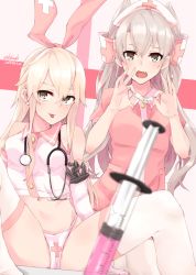 Rule 34 | 2girls, alakoala, alternate costume, amatsukaze (kancolle), anchor hair ornament, bandages, blonde hair, blush, breasts, brown eyes, closed mouth, collarbone, commentary request, crop top, dress, elbow gloves, fang, gloves, grey eyes, hair between eyes, hair ornament, hair tubes, hairband, hat, highleg, highleg panties, highres, holding, kantai collection, long hair, looking at viewer, multiple girls, navel, nurse, nurse cap, open mouth, panties, shimakaze (kancolle), short sleeves, silver hair, sleeveless, smile, spread legs, stethoscope, syringe, thighhighs, tongue, tongue out, two side up, underwear, white gloves, white legwear