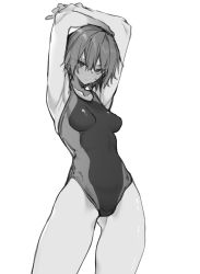 Rule 34 | 10mo, 1girl, amagami, arms up, bob cut, breasts, collarbone, competition swimsuit, contrapposto, cowboy shot, greyscale, highres, looking at viewer, monochrome, nanasaki ai, one-piece swimsuit, short hair, simple background, small breasts, solo, standing, stretching, swimsuit