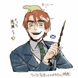 Rule 34 | &gt;:), 1boy, alternate design, alternate hair color, animal, animal on head, axis powers hetalia, blue eyes, blue suit, creature, formal, highres, holding, holding wand, looking down, necktie, on head, open mouth, plaid necktie, red hair, sab (lll ili), scotland (hetalia), scottish flag, star (symbol), suit, thick eyebrows, v-shaped eyebrows, wand