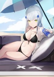 Rule 34 | 1girl, anizi, beach, bikini, black bikini, blunt bangs, breasts, cleavage, collarbone, commentary request, day, front-tie bikini top, front-tie top, girls&#039; frontline, green eyes, hair ornament, halterneck, highres, hk416 (girls&#039; frontline), jacket, long hair, looking at viewer, monster energy, navel, outdoors, see-through, silver hair, sitting, smile, solo, string bikini, swimsuit, umbrella