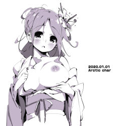 Rule 34 | 1girl, breasts, dated, flower, greyscale, hair bun, hair flower, hair ornament, hairpin, japanese clothes, kimono, large breasts, looking at viewer, monochrome, nipples, obi, original, parted lips, presenting, purple theme, sash, simple background, single hair bun, solo, tabata hisayuki, upper body, white background