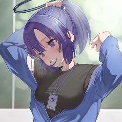 Rule 34 | 1girl, arms up, bananafish1111, bandaid, bandaid on face, black shirt, blue archive, blue jacket, blush, breasts, clenched teeth, halo, highres, jacket, large breasts, long sleeves, open clothes, open jacket, parted lips, ponytail, purple eyes, purple hair, shirt, short hair, short ponytail, sweat, teeth, tying hair, upper body, yuuka (blue archive), yuuka (track) (blue archive)