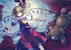 Rule 34 | 1girl, 6u (eternal land), bad id, bad pixiv id, bed sheet, blonde hair, female focus, flandre scarlet, kiyu, lying, no headwear, no headwear, on back, outstretched arms, ponytail, red eyes, short hair, side ponytail, smile, solo, spread arms, stuffed animal, stuffed toy, teddy bear, touhou, wings
