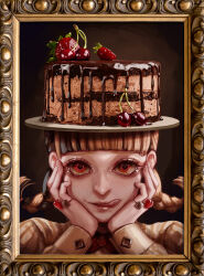 Rule 34 | 1girl, absurdres, black background, blunt bangs, braid, cake, cherry, chocolate icing, food, food focus, food on head, freckles, fruit, hands on own cheeks, hands on own face, heart, heart-shaped pupils, highres, jewelry, licking lips, long sleeves, looking at viewer, object on head, original, picture frame, plate, portrait, red eyes, ring, solo, strawberry, symbol-shaped pupils, tainosuke, tongue, tongue out, twin braids