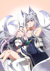 Rule 34 | 2girls, ^ ^, animal ear fluff, animal ears, azur lane, baozi, bare shoulders, closed eyes, collarbone, detached collar, eating, food, fox ears, fox girl, fox tail, gradient background, hair ornament, hairband, highres, holding, holding food, japanese clothes, kimono, kitsune, knees up, kyuubi, looking at another, looking down, multiple girls, multiple tails, off shoulder, purple eyes, rabbit ears, shimakaze (azur lane), shinano (azur lane), sitting, sitting on lap, sitting on person, steed (steed enterprise), tail, thick eyebrows, thighhighs, thighs, white background, white hair, white thighhighs