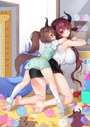 Rule 34 | 2girls, absurdres, animal ears, bare arms, barefoot, brown hair, commission, dog ears, dog tail, feet, green eyes, highres, horns, ia (ias1010), looking at viewer, multiple girls, original, red eyes, red hair, socks, tail