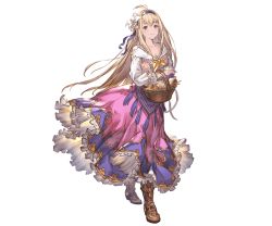 Rule 34 | 10s, 1girl, basket, blue hair, boots, breasts, collarbone, dress, flower, frills, full body, granblue fantasy, hair flower, hair ornament, holding, jeanne d&#039;arc (granblue fantasy), long hair, long sleeves, looking at viewer, medium breasts, minaba hideo, official art, skirt, smile, solo, standing, transparent background