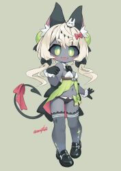 Rule 34 | animal ears, black sclera, blonde hair, blush, breasts, bright pupils, colored sclera, colored skin, demon tail, detached collar, fangs, fluff, green background, green eyes, grey skin, highres, low twintails, mary janes, nanatsuta, navel, original, panties, shoes, simple background, small breasts, tail, thick eyebrows, thighhighs, twintails, underwear, white pupils