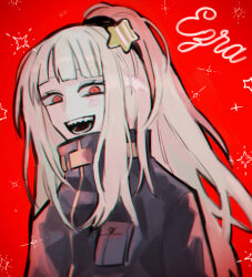 Rule 34 | 1girl, black jacket, blonde hair, breast pocket, character name, chromatic aberration, commentary request, ezra (project moon), hair ornament, high collar, jacket, long hair, long sleeves, non tarou, open mouth, pocket, ponytail, project moon, red background, red eyes, sharp teeth, simple background, smile, solo, sparkle, star (symbol), star hair ornament, teeth, the distortion detective, upper body
