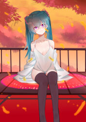 Rule 34 | 1girl, absurdres, alternate costume, alternate eye color, aqua hair, autumn, blue eyes, closed mouth, hatsune miku, highres, long hair, looking at viewer, purple eyes, qingli green, sleeveless, solo, spaghetti strap, thighhighs, twintails, vocaloid