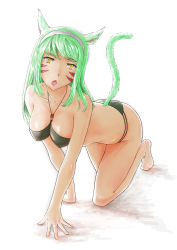 Rule 34 | 10s, 1girl, akiresu, all fours, animal ears, bikini, black bikini, breasts, cat ears, facial mark, final fantasy, final fantasy xiv, green hair, hairband, hanging breasts, highres, long hair, miqo&#039;te, open mouth, simple background, slit pupils, solo, swimsuit, warrior of light (ff14), white background, yellow eyes