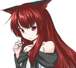 Rule 34 | 1girl, :c, animal ears, bare shoulders, blush stickers, brooch, dress, ganmaganmo, imaizumi kagerou, jewelry, long hair, looking at viewer, off shoulder, playing with own hair, red eyes, red hair, shy, simple background, solo, tears, touhou, wolf ears