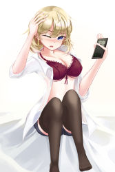 Rule 34 | 1girl, absurdres, black thighhighs, blonde hair, blue eyes, blue shorts, blush, bra, breasts, cellphone, cleavage, earrings, g36 (girls&#039; frontline), girls&#039; frontline, hand on own head, highres, jewelry, jm289600, medium breasts, medium hair, no shoes, on bed, one eye closed, open clothes, open mouth, open shirt, phone, red bra, shirt, shorts, sitting, smartphone, solo, stomach, thighhighs, timestamp, underwear, white background, white shirt