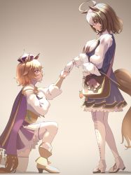 Rule 34 | 2girls, absurdres, ahoge, animal ears, armor, bag, blue skirt, breasts, brown hair, cape, carrot, commentary, crown, english commentary, frilled skirt, frills, from side, gloves, gradient background, hand on own chest, highres, holding hands, horse ears, horse girl, horse tail, large breasts, long sleeves, looking down, meisho doto (umamusume), multiple girls, nsb36046 (na), on one knee, orange hair, petticoat, puffy long sleeves, puffy sleeves, shadow, shirt, short hair, shoulder armor, shoulder bag, skirt, smile, standing, t.m. opera o (umamusume), tail, thighhighs, umamusume, white footwear, white gloves, white legwear, white shirt