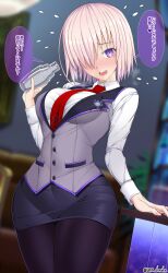 Rule 34 | 1girl, absurdres, alternate costume, bartender, black pantyhose, blush, breasts, cocktail shaker, fate/grand order, fate (series), hair over one eye, highres, large breasts, looking at viewer, mash kyrielight, necktie, open mouth, pantyhose, pencil skirt, pink hair, purple eyes, red necktie, shirt, signature, skirt, solo, speech bubble, translation request, twitter username, unadon, waitress, white shirt