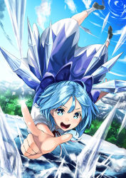 Rule 34 | 1girl, :d, ahoge, bad id, bad pixiv id, blue eyes, blue hair, cirno, face, fairy, female focus, flying, frozen lake, ice, ice wings, icicle, matching hair/eyes, open mouth, pointing, short hair, smile, solo, sparkle, teeth, touhou, unowen, upside-down, wings